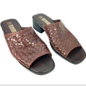 Leather Collection ladies Brown slides chunky 10 Woven Heel Sandal vtg y2k 90s